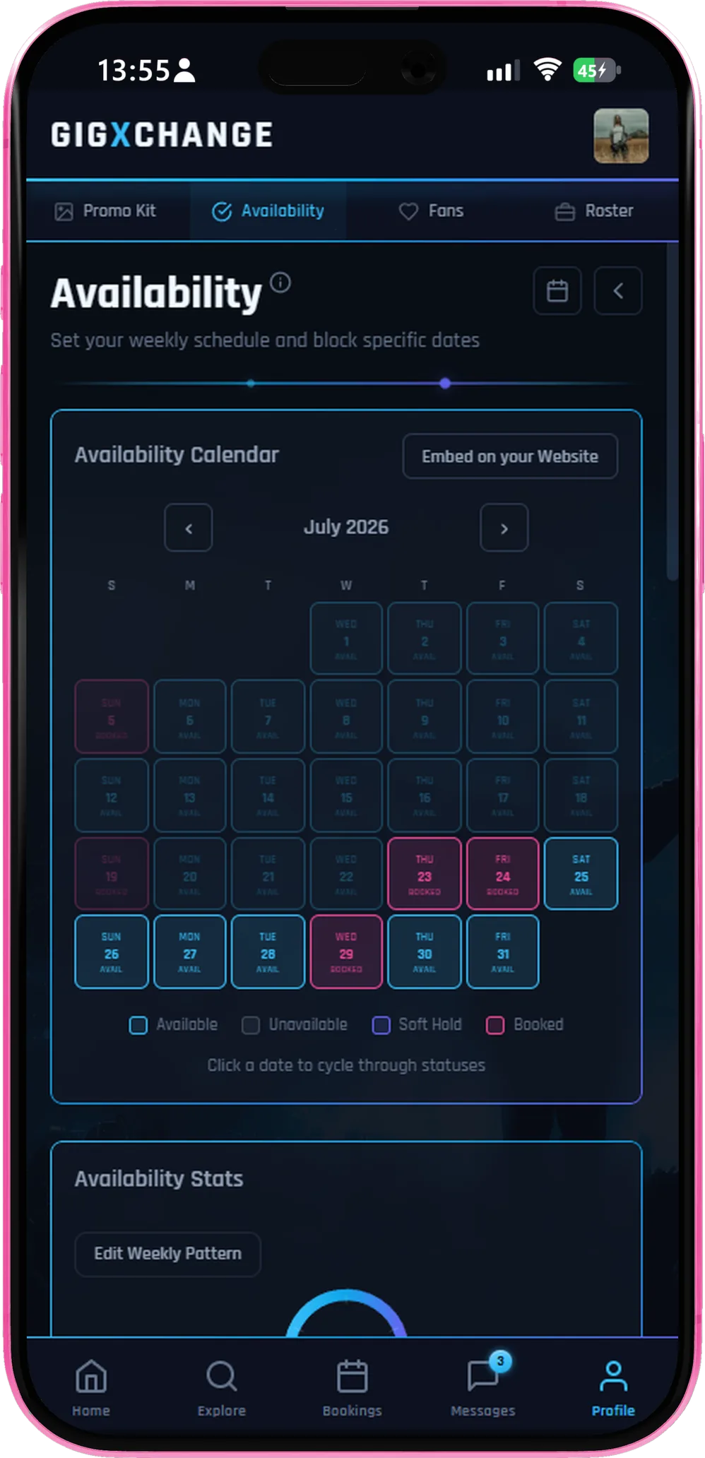 Availability — set your dates, avoid clashes