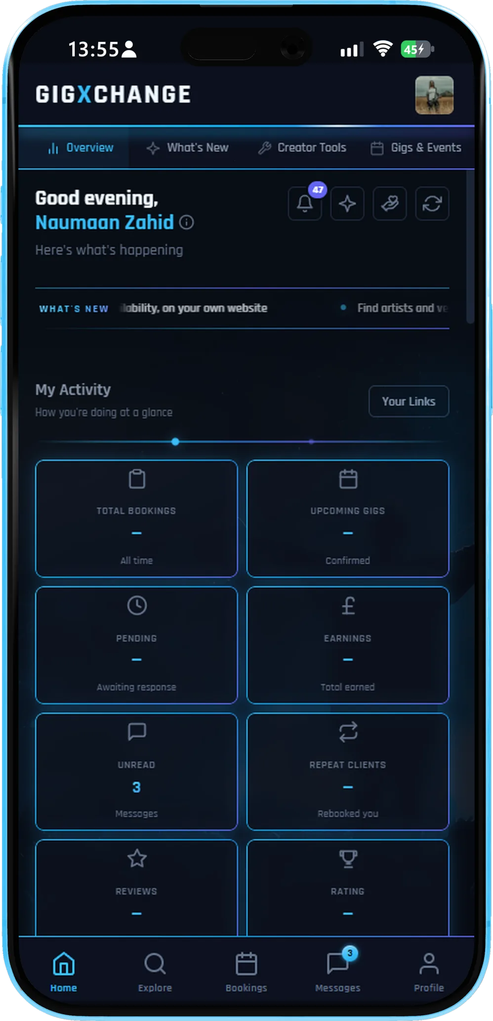 Your dashboard — bookings, earnings & activity at a glance
