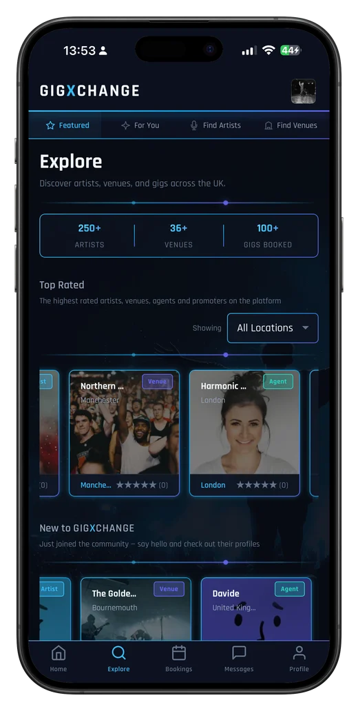 Explore — discover artists, venues & open gigs