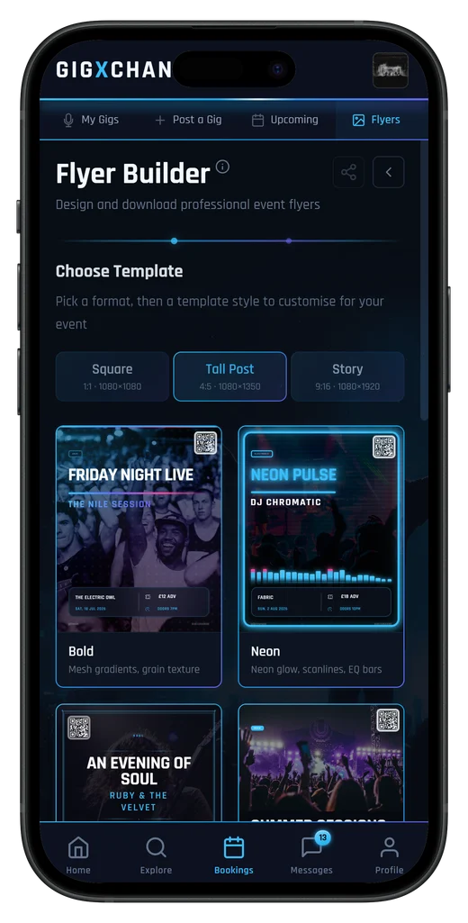 Flyers & posters — promote the night in a tap